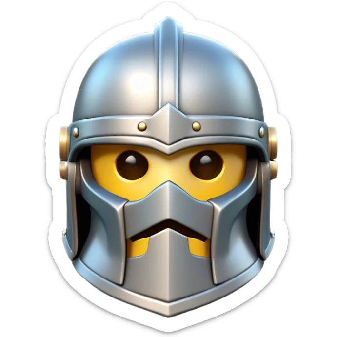 Clash of Clans aesthetic: Cinematic Playful Steel Helm Emoji, rendered in a 3D vector-style similar to standard emojis with minimal shading and bold, simplified shapes. A compact, isometric helmet crafted of shining steel with intricate engravings and a protective visor, softly glowing with a noble warrior charm. Simplified yet unmistakably iconic, highly detailed and consistent, glowing with a soft radiant gleam and high polish. Stylized with a touch of chivalric tradition and a soft glowing outline, capturing the essence of a stalwart battle helm with a friendly, playful manner! sticker