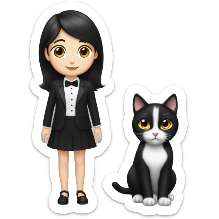 Tuxedo cat and a little girl with blackish brown hair medium sticker