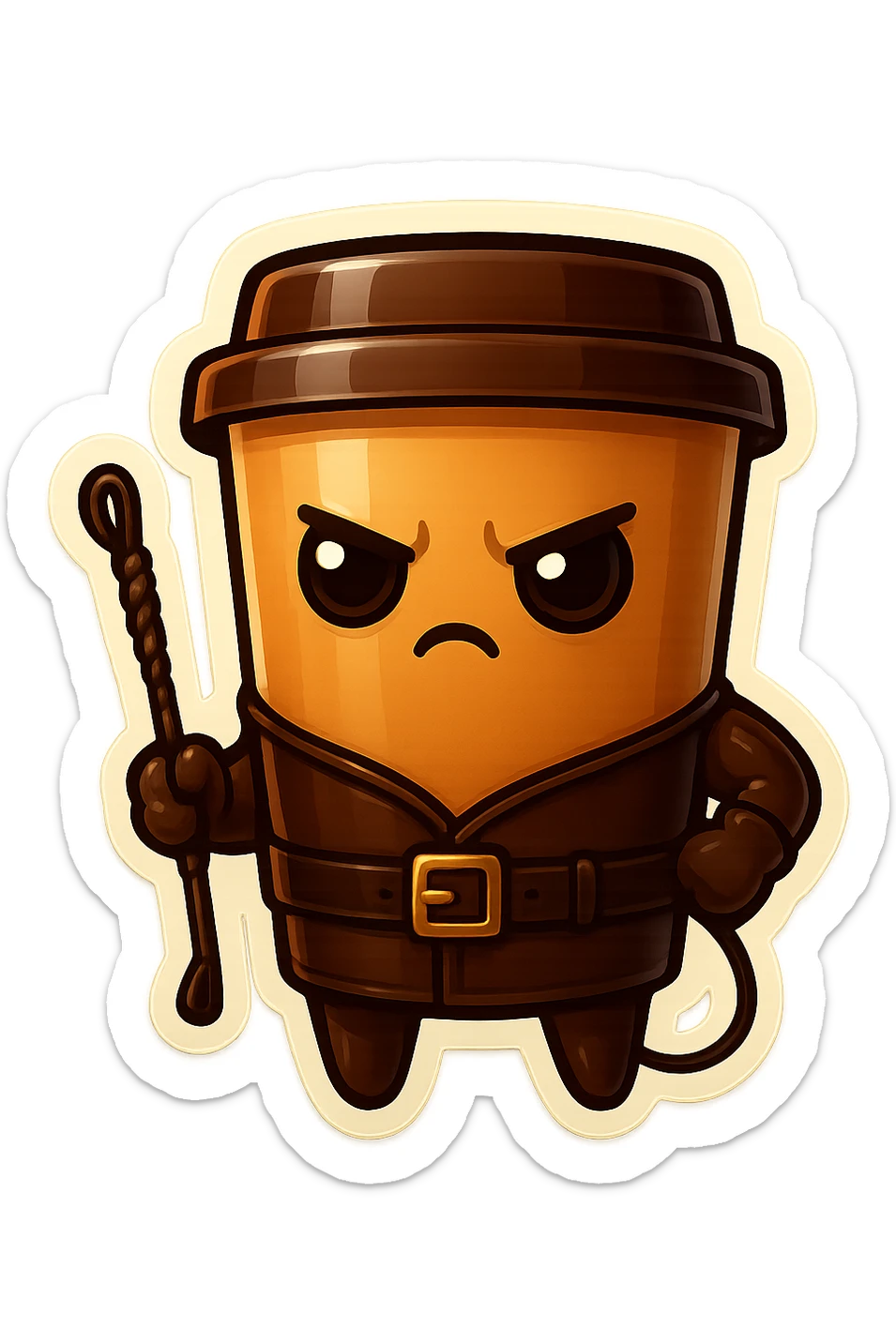 Tall coffee cup, dressed in leather holding a whipping crop, serious expression sticker