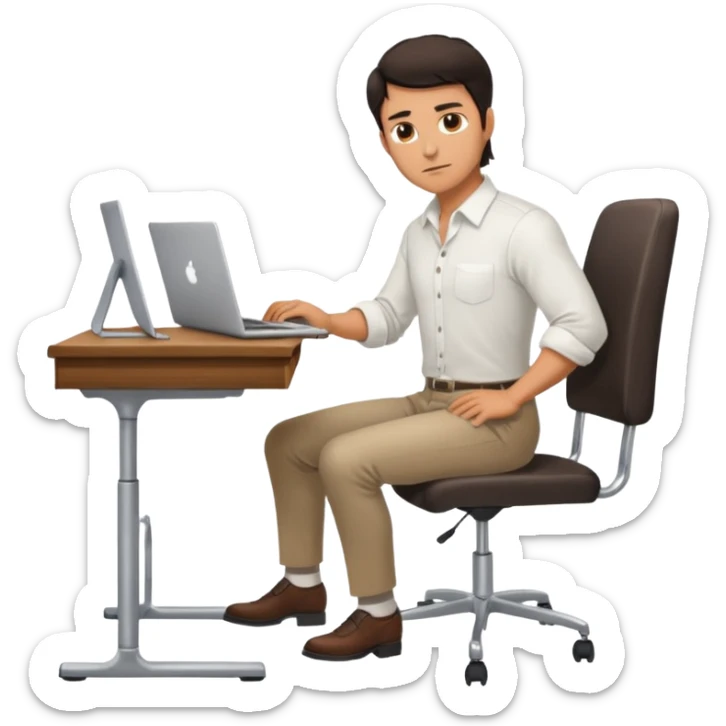 Rich man working on a chair at office in shirt, dark hair, and near the desk with laptop he is german very beautiful looks like, full body view sticker