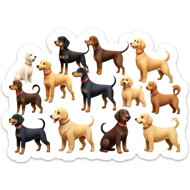 Collage of various dog breeds like Doberman, Poodle, Dachshund, and Golden Retriever, playing in a park with trees and grass. Some dogs run, others sit, all are full of energy and happiness. A joyful, colorful scene with playful expressions. Transparent background. sticker