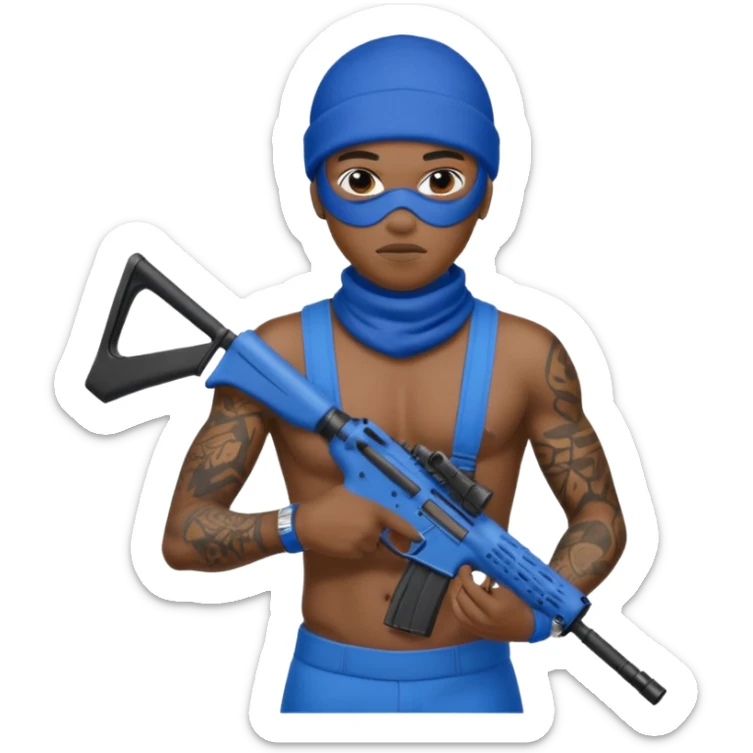 Ebony gang member in blue with ski mask no shirt tattoos covering body holding a AR15 sticker