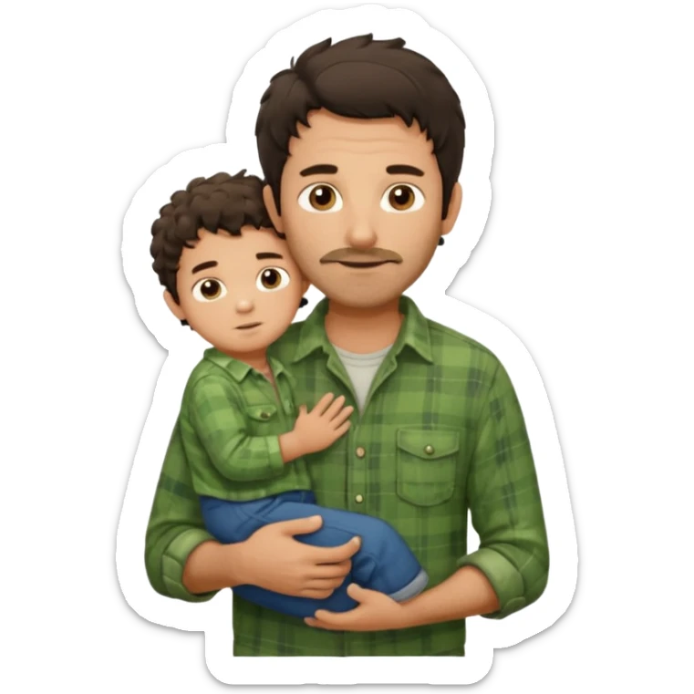 A father with messy medium-length dark hair and light stubble, wearing a green flannel shirt. He holds his one child who has short curly brown hair and a cream-colored romper. Cozy warm lighting, authentic family moment. sticker