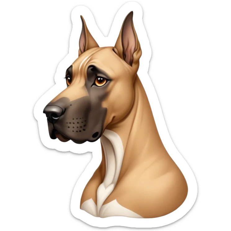 Cinematic Noble Fawn Great Dane Portrait Emoji, Poised and regal, with a towering, muscular build and a sleek, well-groomed solid fawn Fur accented by subtle dark markings, deep-set soulful amber eyes, Simplified yet sharp and sophisticated features, highly detailed, glowing with a soft, dignified glow, high shine, intelligent and gentle, stylized with an air of majesty, focused and attentive, soft glowing outline, capturing the essence of a watchful and confident guardian, so majestic it feels as though it could stride out of the screen with effortless authority! sticker