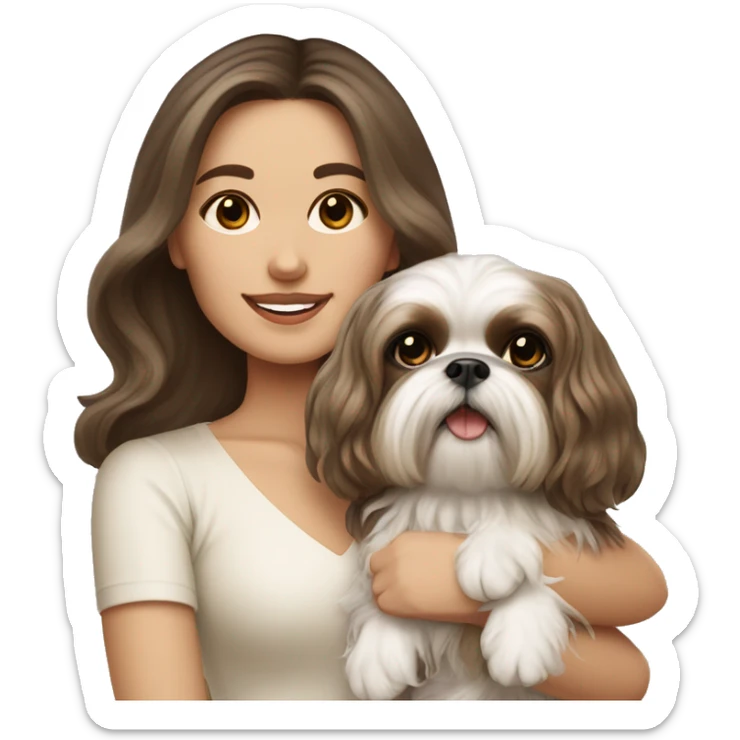 Young brunette hair woman with a cream shih tzu in her arms long wavy hair sticker