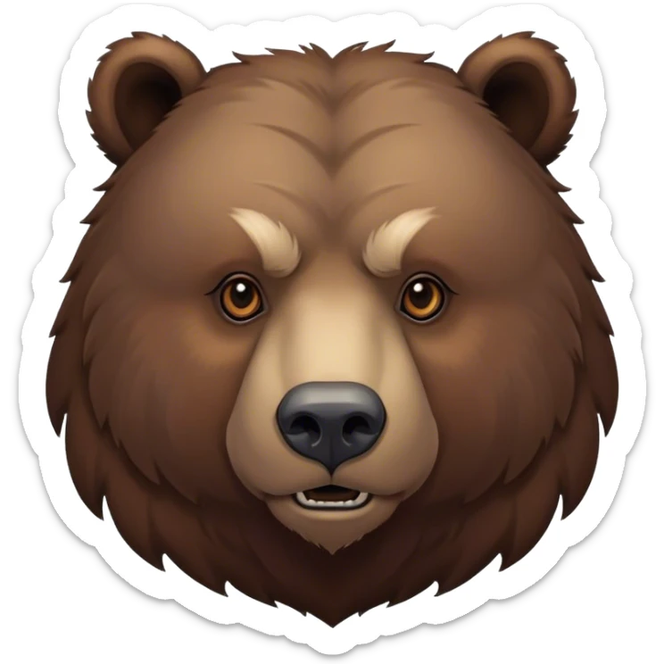 Cinematic Noble Grizzly Bear Portrait Emoji, Poised and regal, with a massive, powerful build and a thick, rugged deep brown fur, piercing deep-set soulful eyes, Simplified yet sharp and sophisticated features, highly detailed, glowing with a soft, dignified glow, high shine, intelligent and formidable, stylized with an air of untamed wilderness, focused and attentive, soft glowing outline, capturing the essence of a watchful and commanding guardian, so majestic it feels as though it could lumber out of the screen with effortless authority! sticker