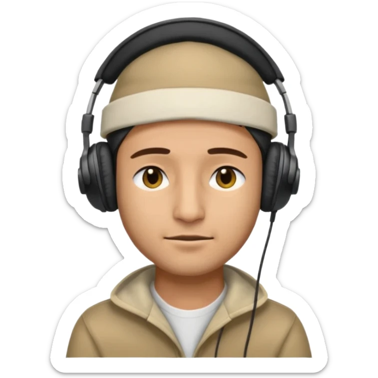 Half body man wearing topi and headphones, eyes closed, realistic emoji style. sticker