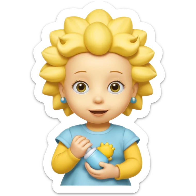 A 3D cartoon baby character fully yellow skin, styled like Maggie Simpson, with pacifier, big eyes, smooth shading, Memoji-style rendering, consistent with other yellow Simpsons characters. sticker