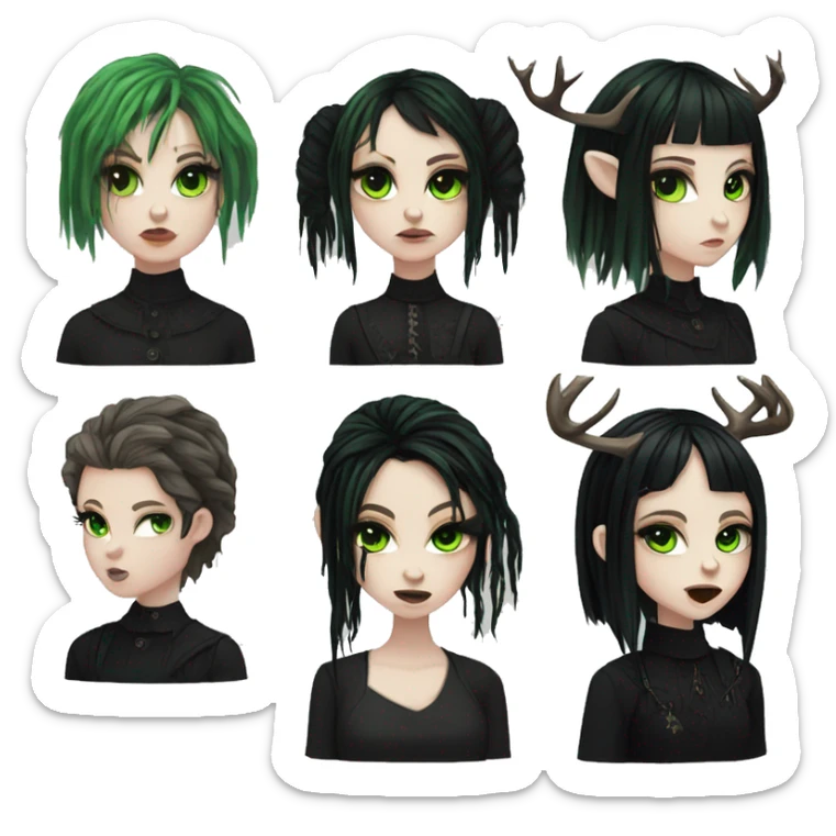 gothic girl, pale skin, green eyes, black dreads, bangs, black clothes, eyeliner, deer antlers  sticker