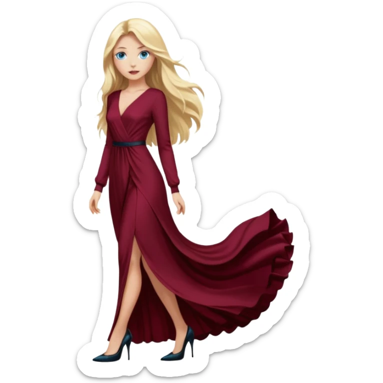 Chica rubia, ojos azules, vestido granate muy largo sexy cuerpo entero pelo largo manga larga zapatos negros tacon sticker