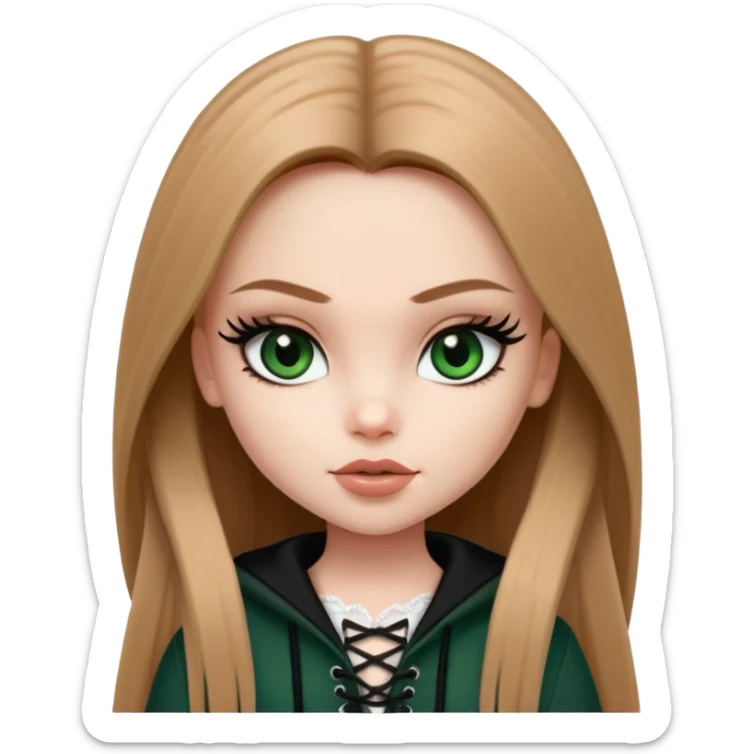 pretty bratz girl, long straight LIGHT BROWN HAIR, dark green eyes, black eyeliner, pale skin, black clothes with laces sticker