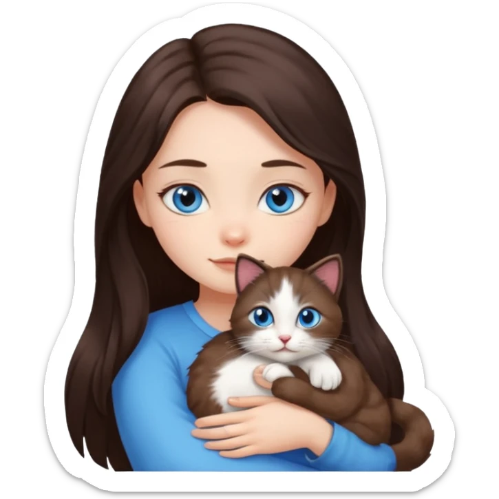 a pretty girl with long dark 
brown hair, with blue eyes, hugs 3 different natural coloured small cats sticker