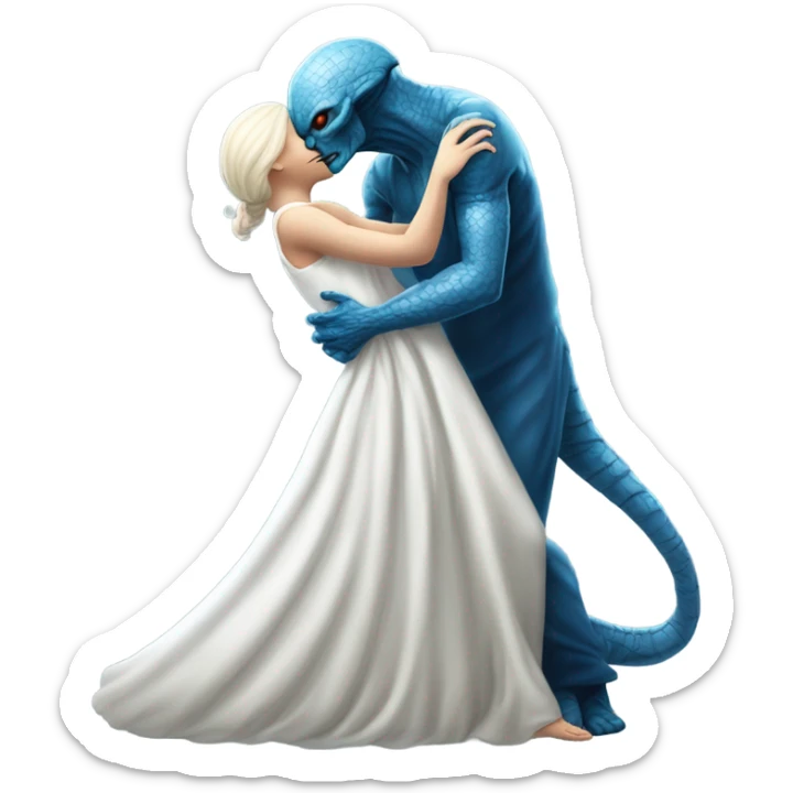 Alien reptilian woman in white dress hugs and kissing a normal "white male human man" in blue dress sticker