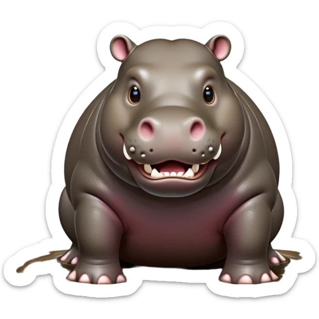 cinematic-hippo-realistic-full-body side view-standing on all fours-emoji,-massive-round-frame-partially-submerged-in-muddy-water,-wide-mouthed-grin-exposing-huge-teeth,-head-tilted-dramatically,-thick-greyish-brown-hide-glossy-from-water,-simplified-yet-realistic-focused-features,-highly-detailed,-glowing-with-an-almost-sarcastic-glow sticker