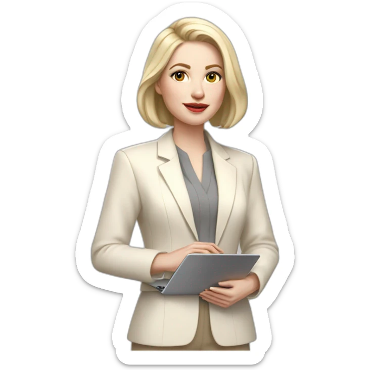 pale skin woman with ash blonde Straightened bob Hair, White Spacious classical jacket, beige palazzo Arrow pants and gray blouse holding a MacBook in the hands sticker