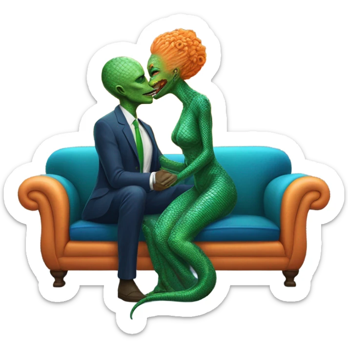 A reptilian alien woman in orange dress kissing human man in blue dress, on sofa sticker