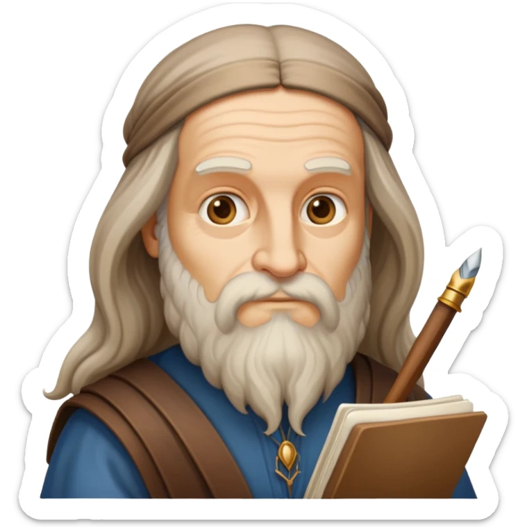 cinematic-realistic-leonardo-da-vinci-portrait-emoji,-depicted-as-the-quintessential-renaissance-polymath-with-deep,-thoughtful-eyes,-a-flowing-beard,-and-a-quill-or-sketchbook-in-hand.-the-scene-is-illuminated-with-warm,-classical-light sticker