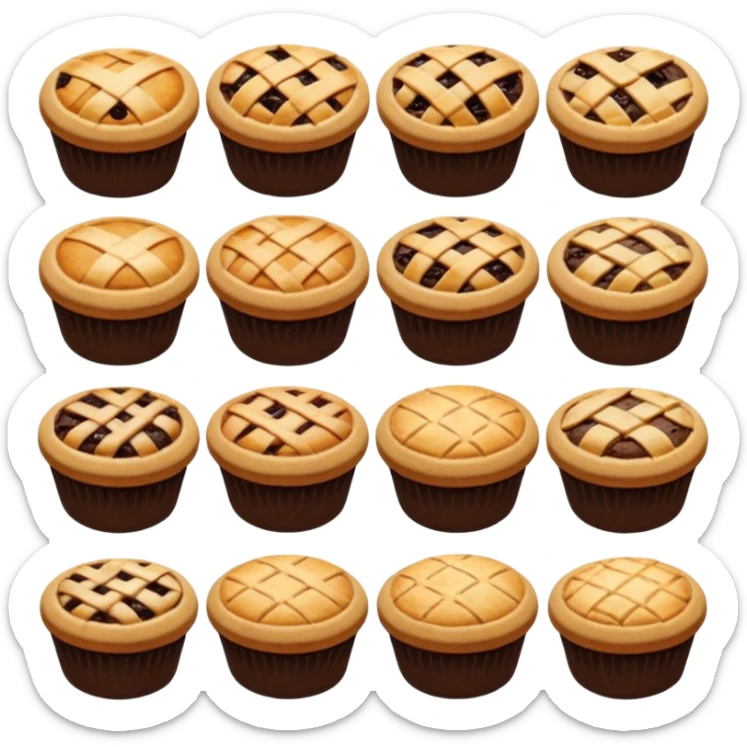 Baking community avatar in clean emoji-style illustration. Pies, cookies, and muffins grouped together, warm golden tones, simple shapes, flat design, high contrast, cozy and friendly. sticker