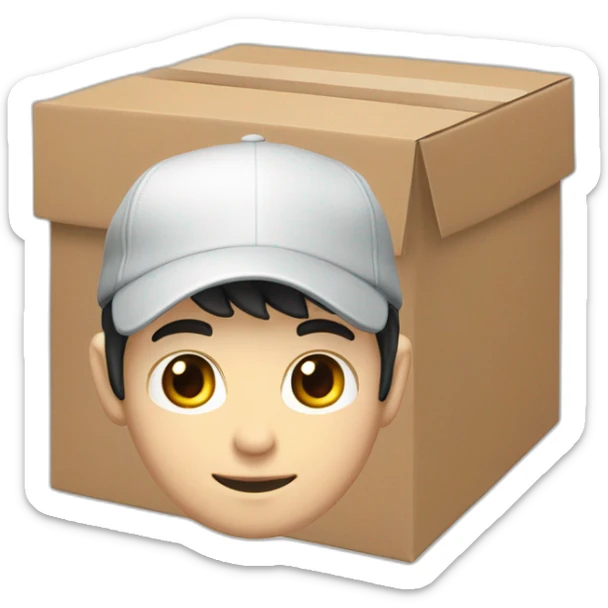 Pale skinned Man with black hair in a white cap and dark gray polo T-shirt with a box into his hands sticker