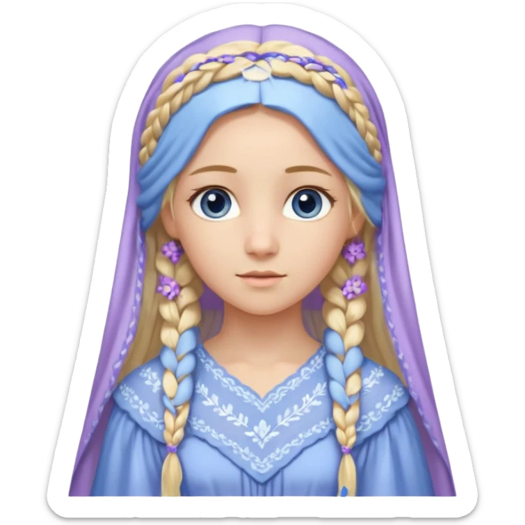 Joven de unos 30 años, de aspecto dulce, elegante.
Piel clara, ojos (pueden ser azules o verdes)
Rubio o castaño largo, con trenzas.
Vestido largo de tonos suaves (blanco, azul o lavanda), con bordados dorados; un manto o toca fina cubriendo la cabeza. Que se vea todo el cuerpo de pies a cabeza sticker