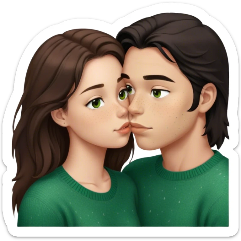 Young guy with black slightly long hair kissing a young woman with brown hair and  green sweater and only the woman has very light freckles on the woman’s face only and the guy has brown eyes with the emoji made so there is no part that is cut off sticker
