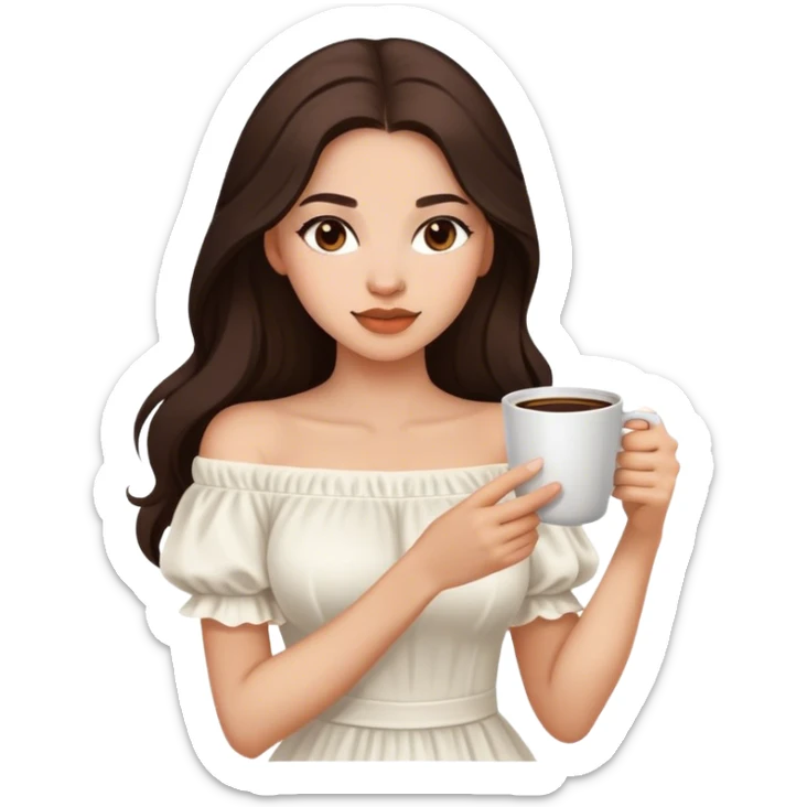 Beautiful woman in 1950’s woman fashion look, off-shoulder white dress, long dark brown hair, coffee sticker