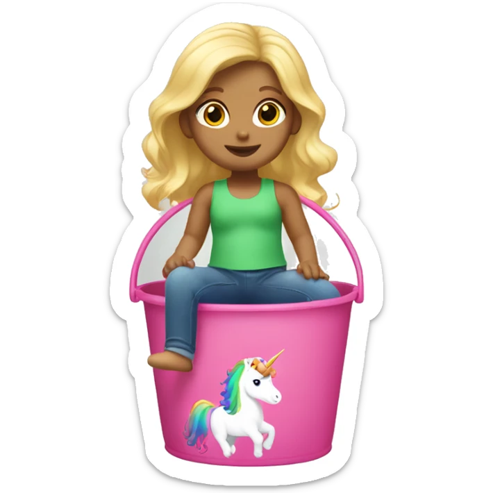 Caucasian female two year-old with blonde hair,  riding a pink unicorn with rainbow colored hair inside of a green bucket sticker