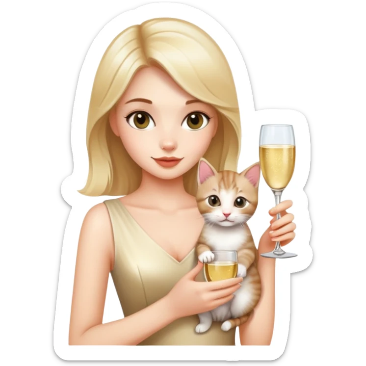 Beautiful girl holding a kitten in one hand and a glass of champagne in the other sticker
