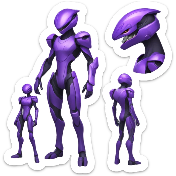 A purple Reptile-Raptor-Genesect-Mewtwo-Fakémon, with a futuristic visor-helmet, wearing a techwear-suit, Full Body sticker