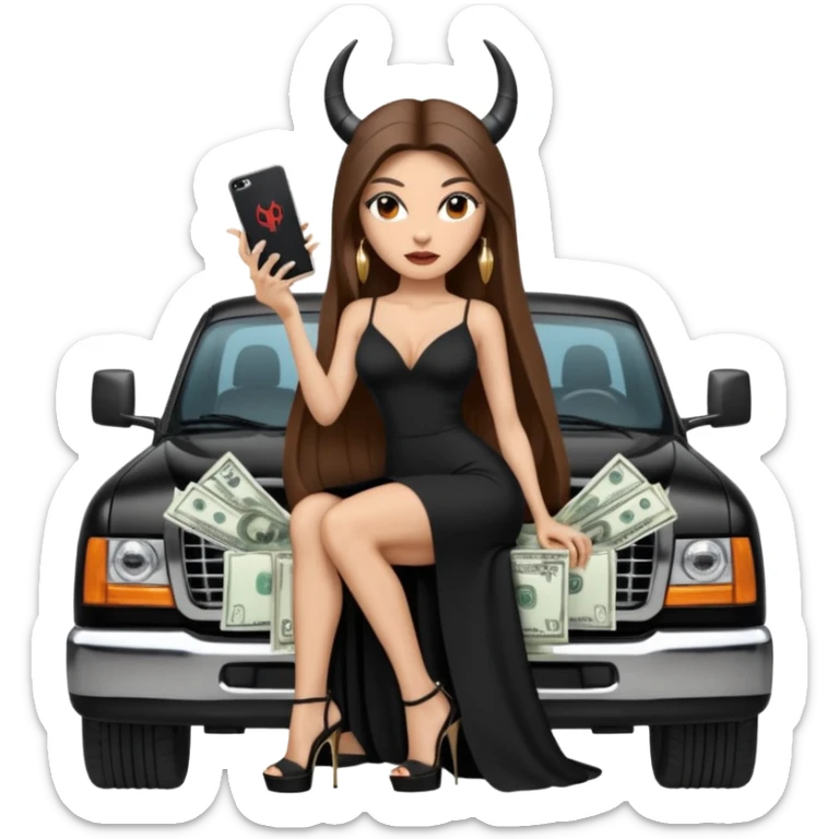 Sensual queen long brown straight haired sexy drug lord woman with black platform high heels with  on her feet,  and devil black horns on her head, holding a stack of cash, has a phone in other hand. Sitting on a large big new model F350 pickup truck  full of drugs, long black dress with sexy slit sticker
