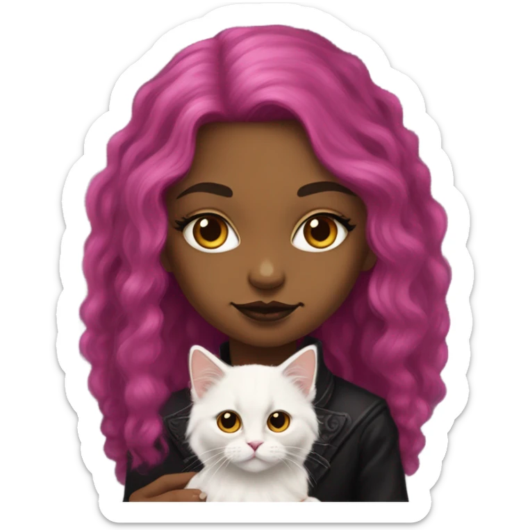 Pretty portrait of girl with Long magenta Hair and gothic make up and clothes with her fluffy golden british longhair kitten sticker