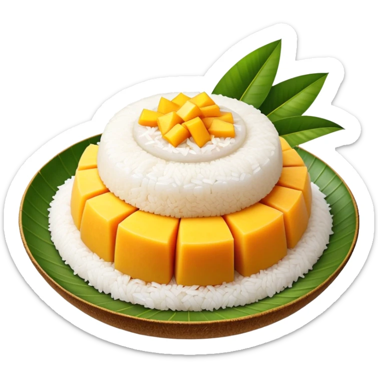 cinematic-realistic-mango-sticky-rice-dessert-emoji,-showcasing-sweet-sticky-rice out of a mould-paired-with-ripe-mango-slices-and-coconut-milk-rendered-with-lifelike-detail-and-warm,-inviting-lighting with the coconut  milk over the rice sticker