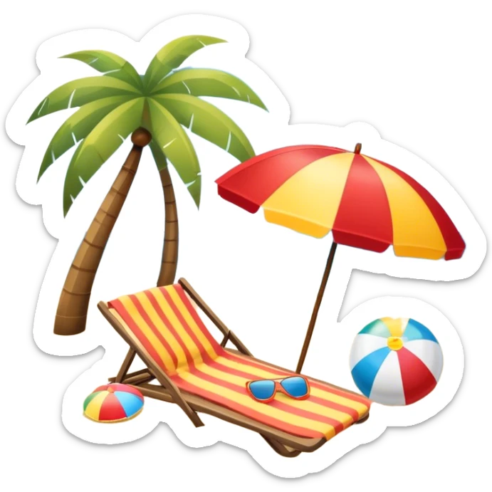 Icon for Beach Tourism: a sandy beach with a beach umbrella, with the ocean landscape in the background, flip-flops, a towel and a beach ball. The icon should capture the relaxation and fun of beach vacations. Transparent background. sticker