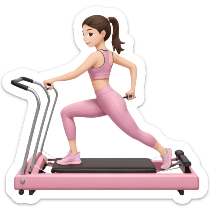 Brunette girl exercising on a pink Pilates reformer machine, wearing cute athletic workout clothes, soft pastel colors, emoji style, bright and detailed sticker