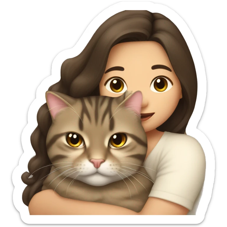 long hair brunette asian woman snuggling fat tabby cat sticker