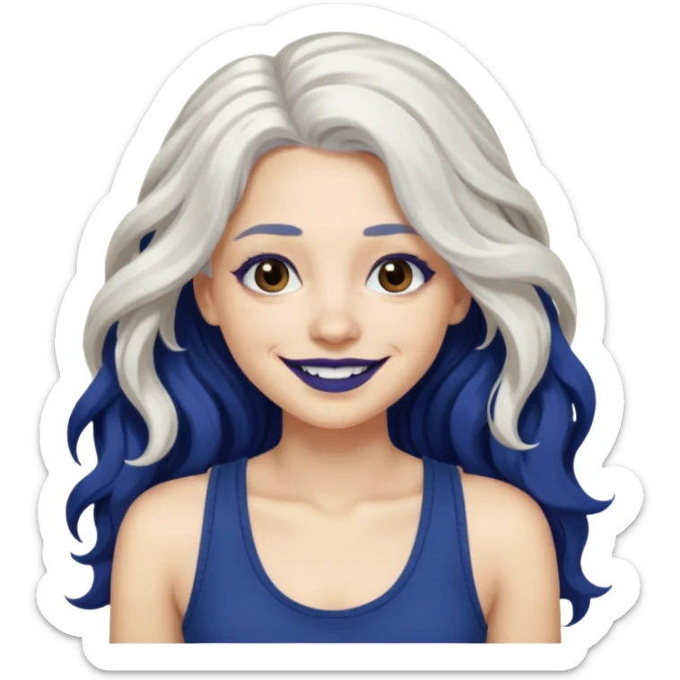 woman with wavy long white hair and brown eyes. She has dark blue lipstick. smiling in a grunge tanktop sticker