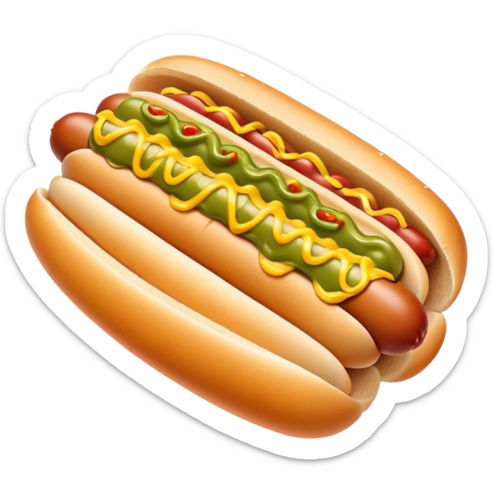Cinematic Realistic Hot Dog Dish Emoji, featuring a classic hot dog in a bun topped with mustard and relish rendered with crisp textures and vibrant, dynamic lighting. sticker