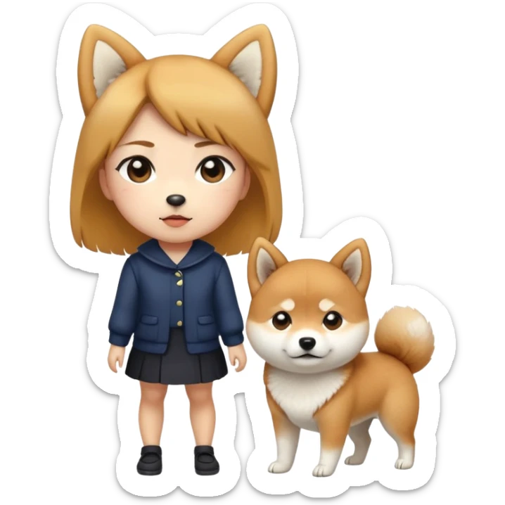 The Shiba Inu is behind and refuses to leave. The pretty girl is standing in front. sticker
