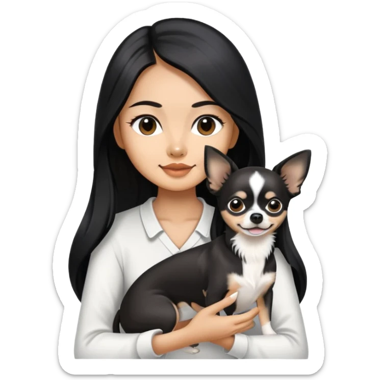 Thai woman with flowing black hair playing with a black and white Chihuahua dog sticker