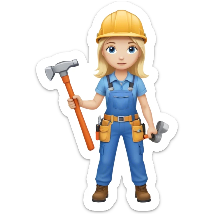 A blond girl blue eyes, habdyman Outfit, wearing a Helmet and a Hammer, Whole body  sticker