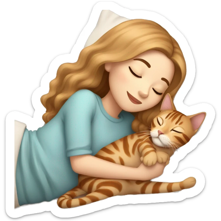 extremely light skin girl with light brown hair sleeping with cute bengal cat sticker