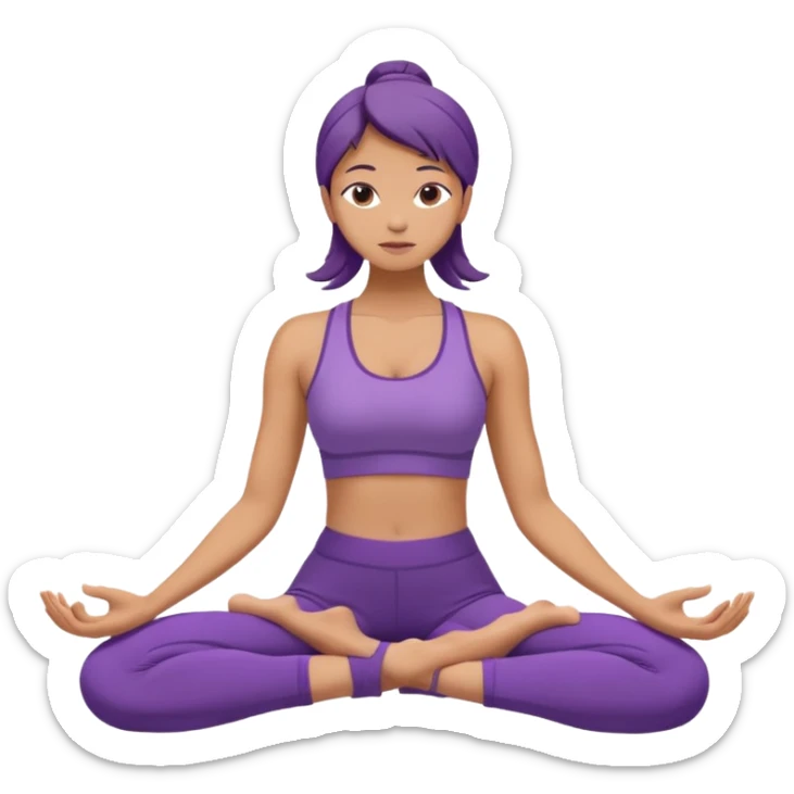 	A woman in purple yoga clothes sitting and bending forward to reach her toes, calm meditation vibe, simple white background. sticker