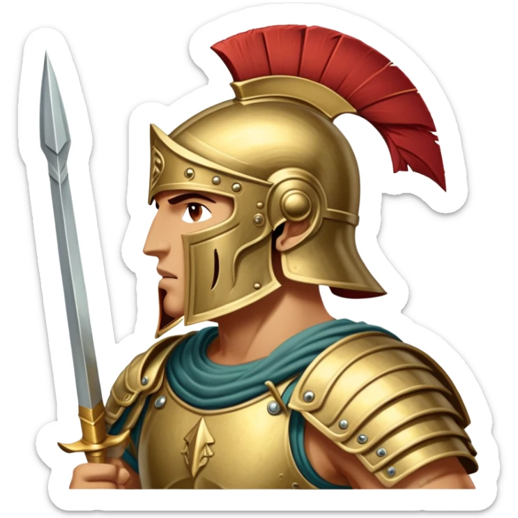 Cinematic-realistic Achilles emoji portrait fearlessly on the battlefield of Troy. His trojan armor gleams , each intricate engraving telling tales of his past glories. His piercing gaze locks onto his foe, his grip tightening around his spear.  sticker