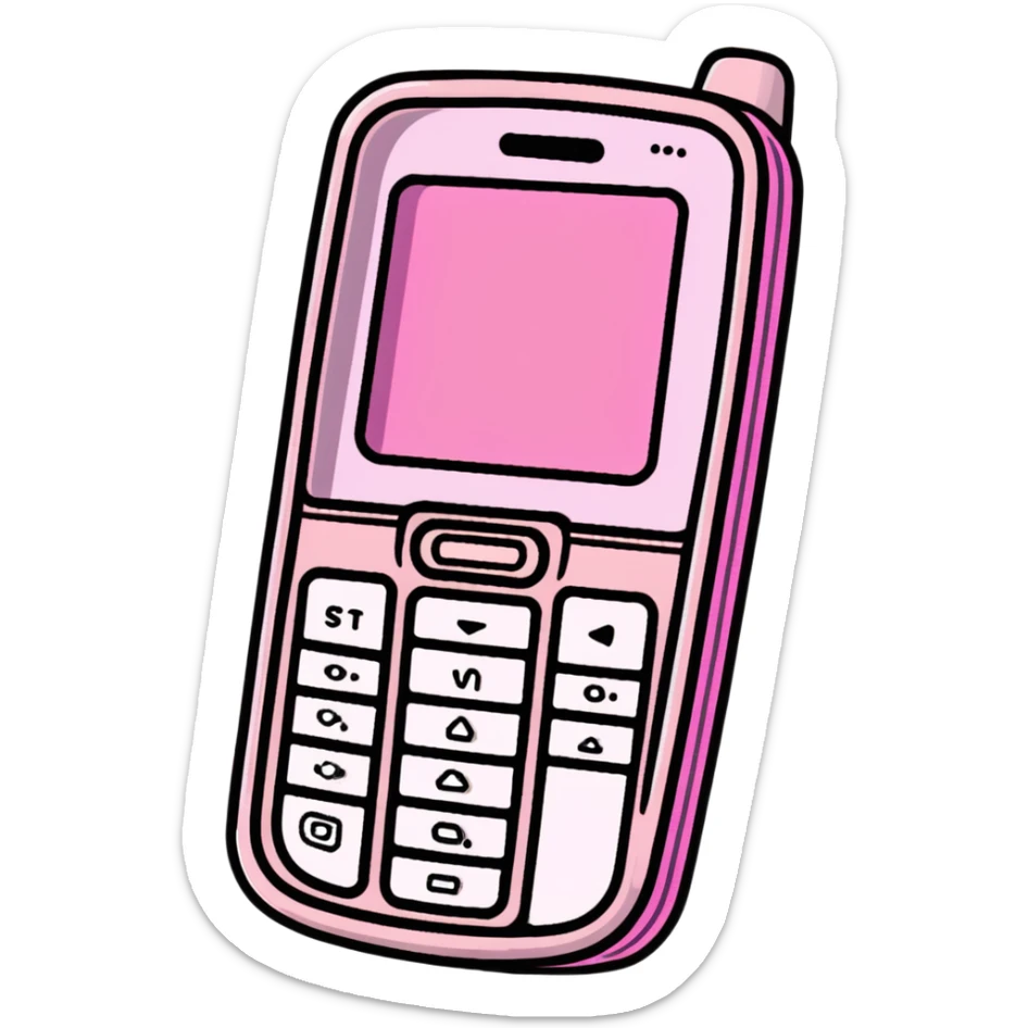 Pink Y2K flip phone with glittery metallic finish and cyber aesthetic sticker