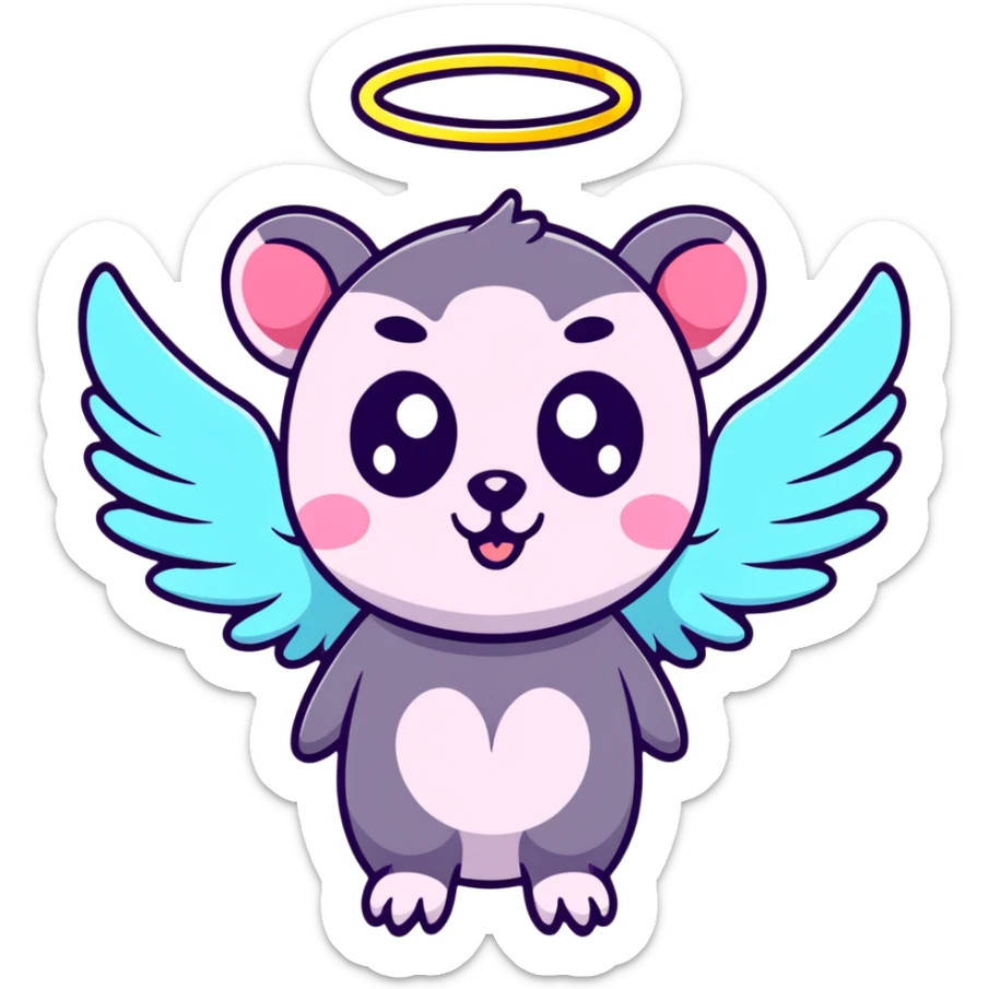 possum with angel wings, sparkles, glowing halo, vibrant neon colors, cute big eyes sticker