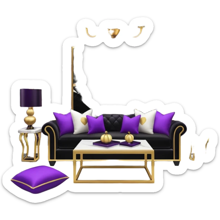 Luxurious black marble living room with gold and white accents and with a purple accented pillow  sticker
