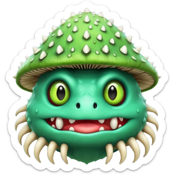 poisonous mushroom monster portrait, head and shoulders only, animal-like creature, mushroom cap head with spikes, toxic green glow, beast-like eyes, furry neck details, monstrous but cute fantasy vibe, 3D cartoon, mobile game icon style, clean background, no text, no watermark

 sticker