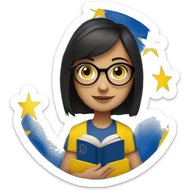 dark haired girl with glasses and a canary islands flag in one hand and a book in the other with the european stars circle in the background sticker