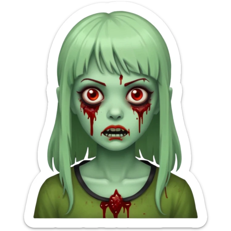 Mulher cabelo de franjinha pele verde zumbi sangrando bonito sticker