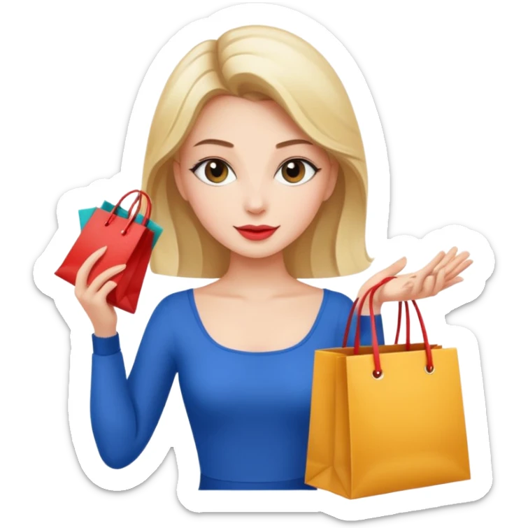 Glam girl calmly choosing one premium shopping bag, giving a small approving nod — quality over quantity sticker